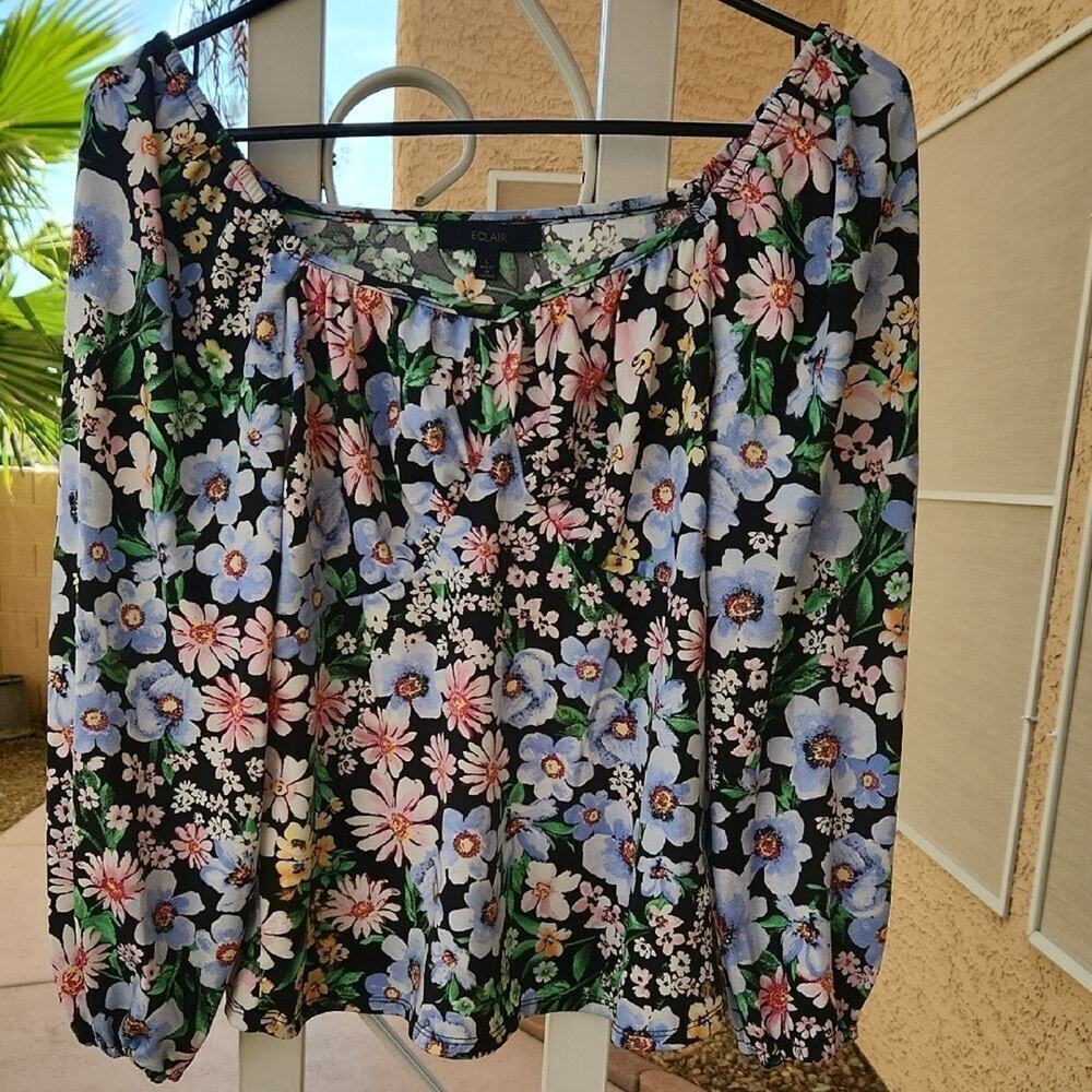Floral Black and Pink Relaxed Blouse By Eclair Womens Large
